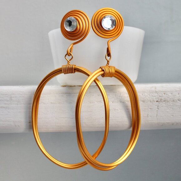 Vintage 90s Aluminum Wrap Oval Wire Door Knocker Rhinestone Pierced Earrings NWT - Picture 3 of 5